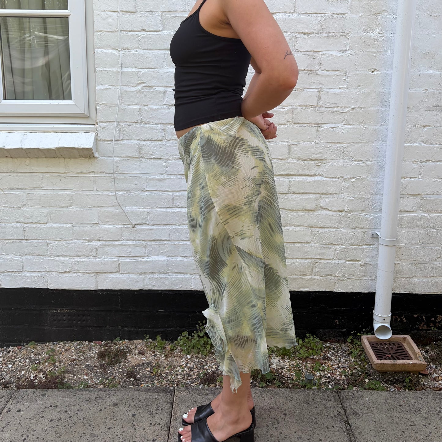 Y2K Sage Green Abstract Midi Skirt