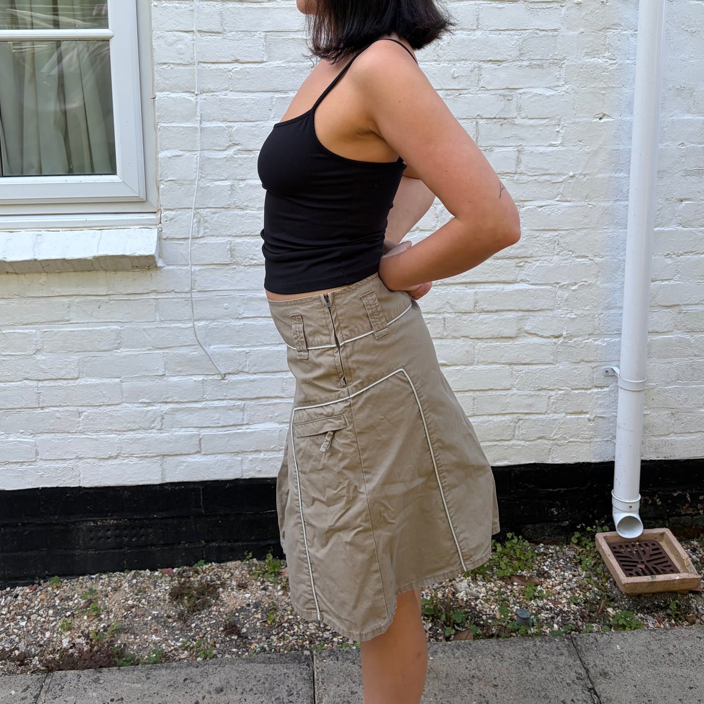 Y2K Khaki Utility Pleated Midi Skirt