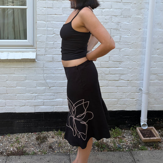 Y2K Black Floral Embroidered Midi Skirt