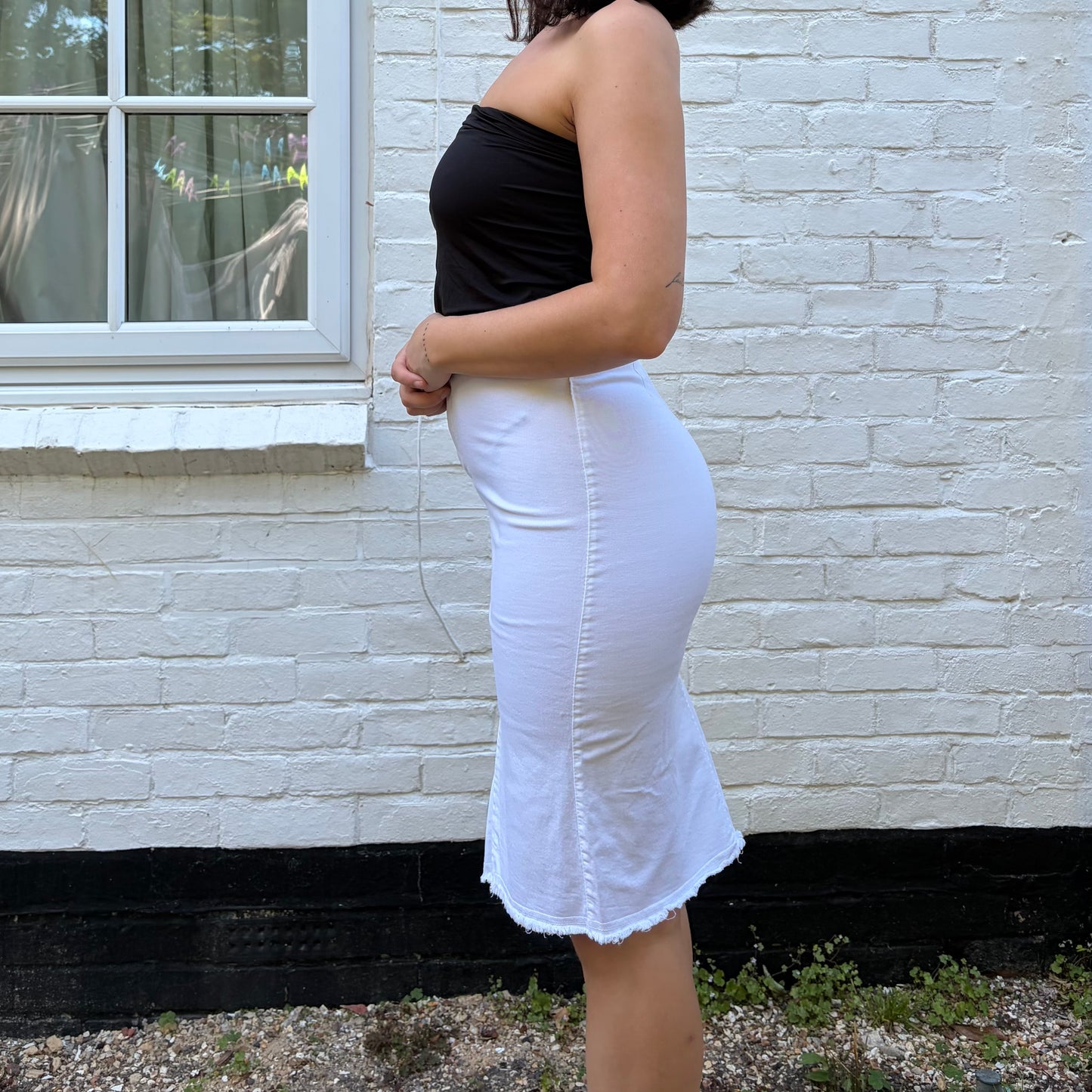 Italian Vintage White Denim Midi Skirt Raw Hem
