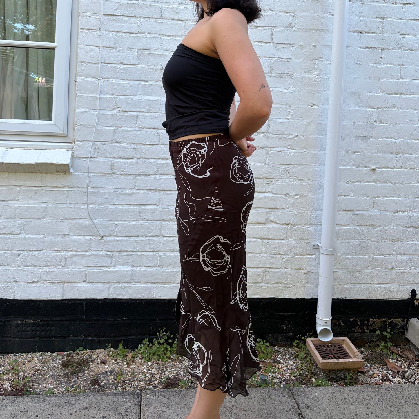 Vintage Brown Abstract Midi Skirt Y2K 90s Skirt
