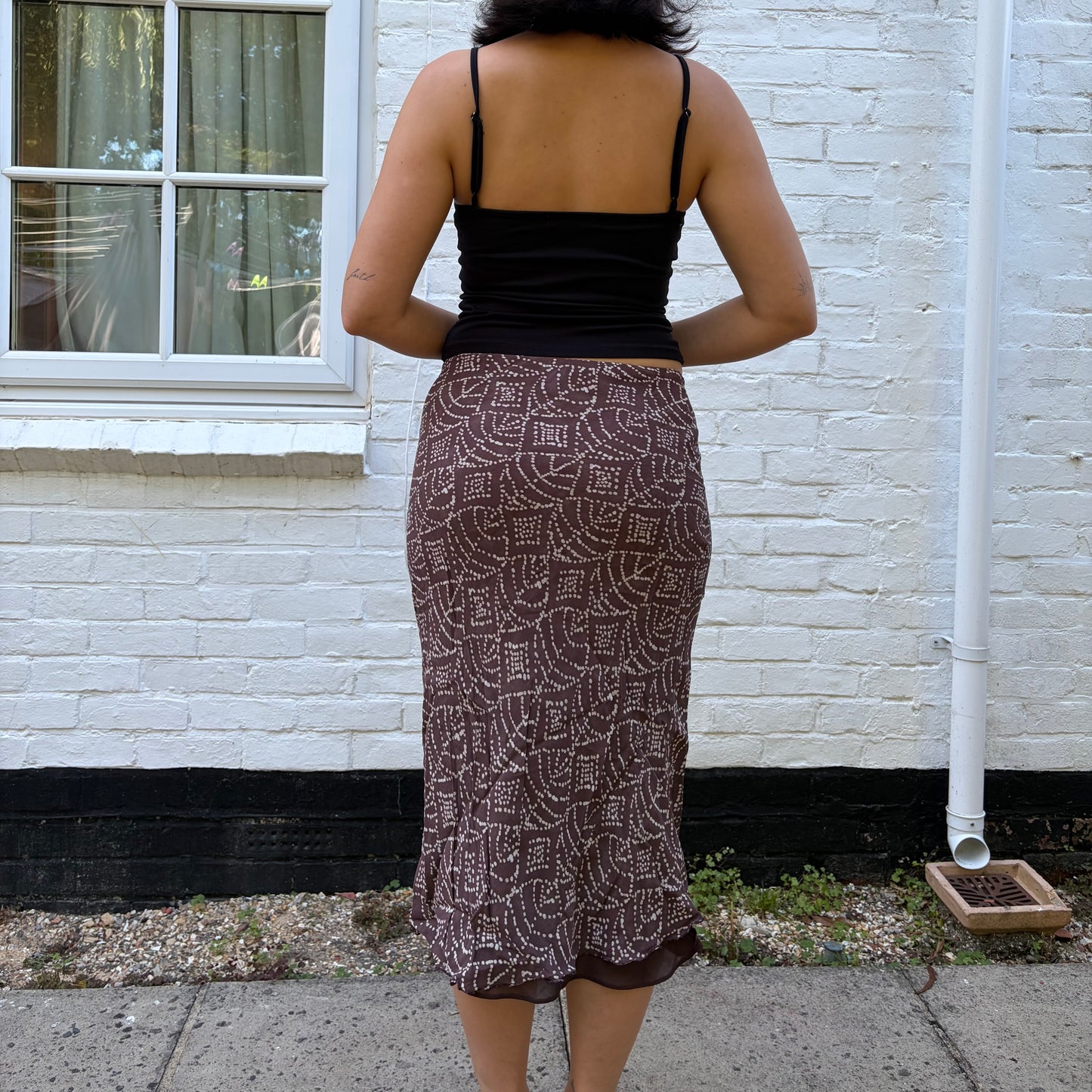 2000s Brown Geometric Print Midi Skirt | Y2K Skirt