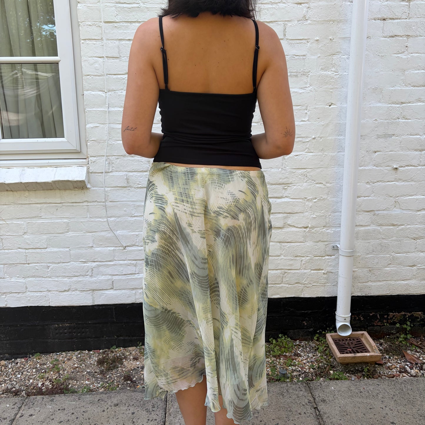 Y2K Sage Green Abstract Midi Skirt