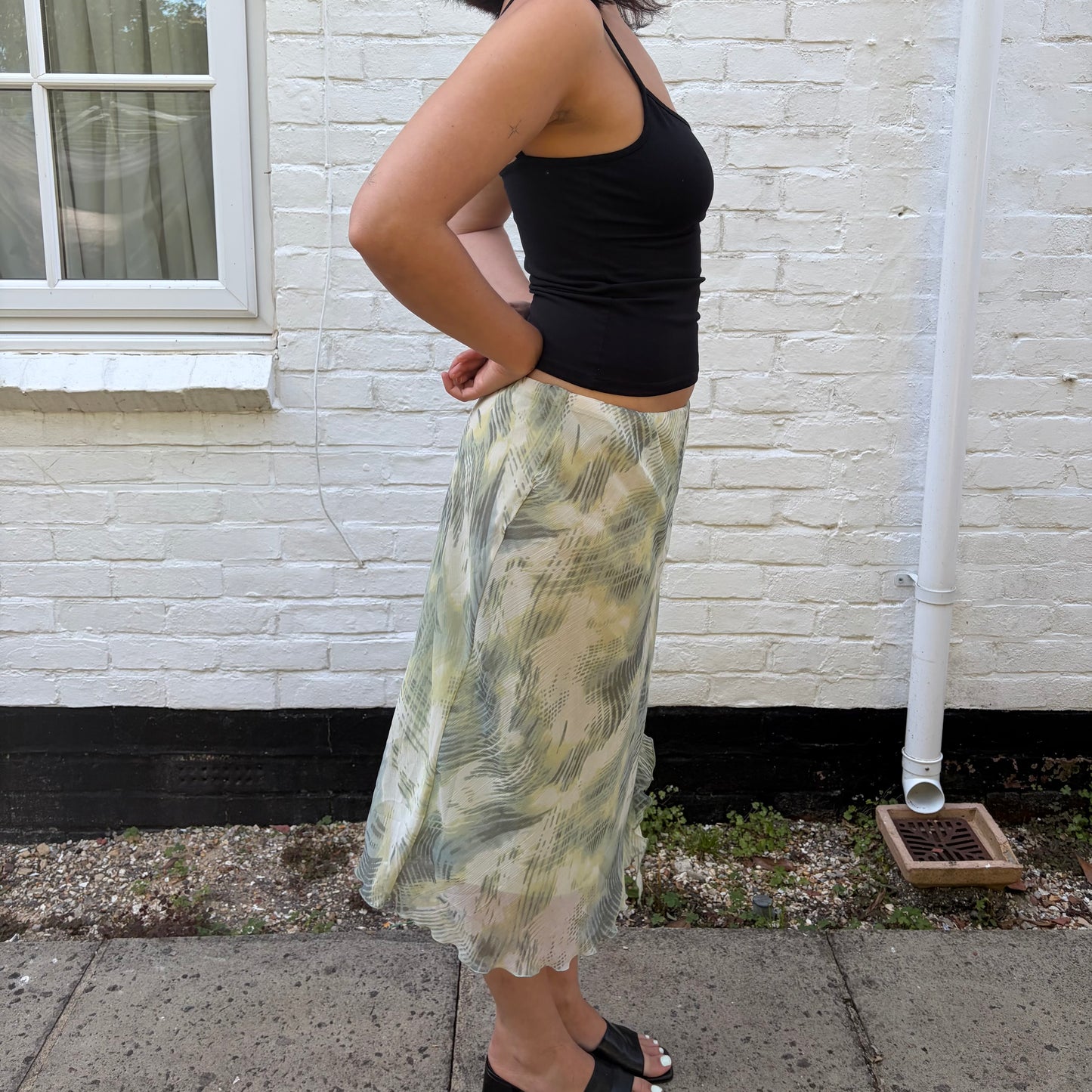 Y2K Sage Green Abstract Midi Skirt