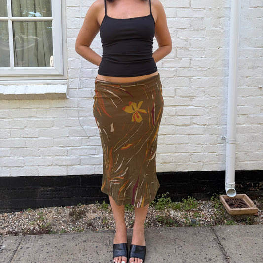 Italian Vintage Olive Green Abstract Midi Skirt