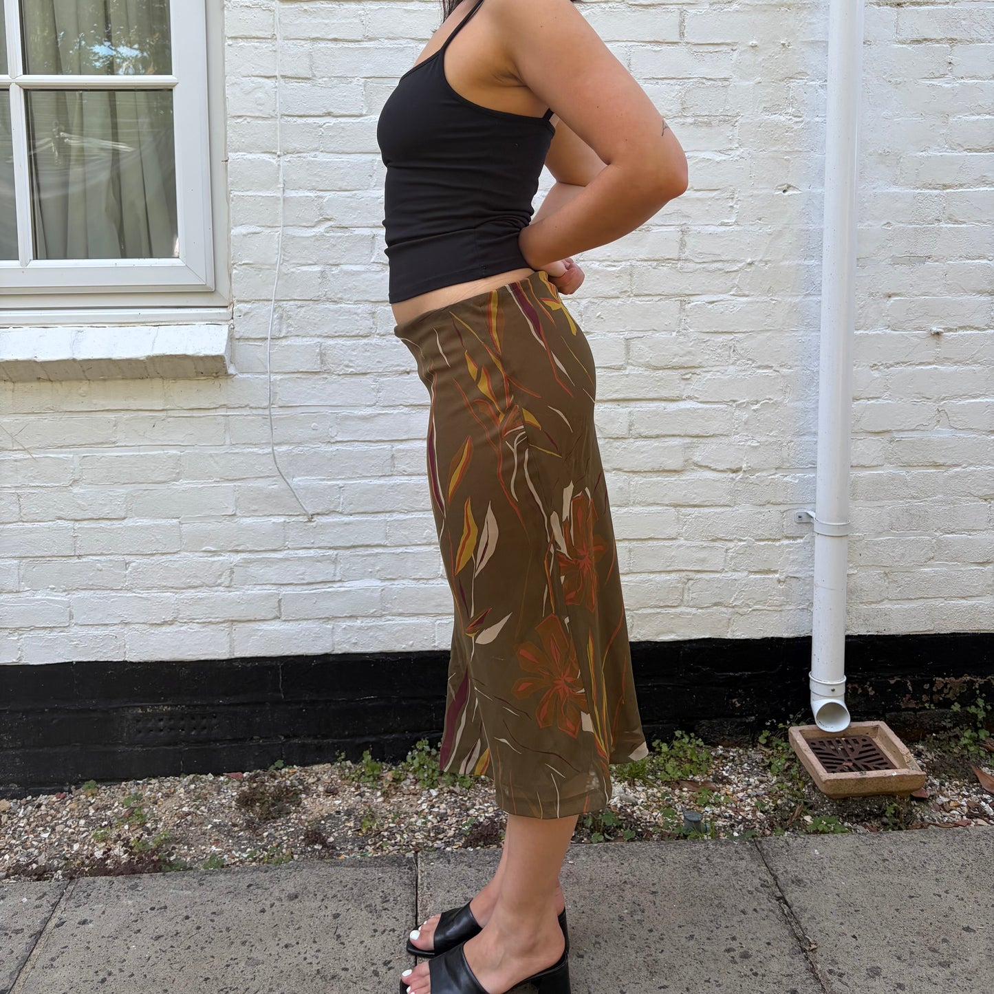 Italian Vintage Olive Green Abstract Midi Skirt