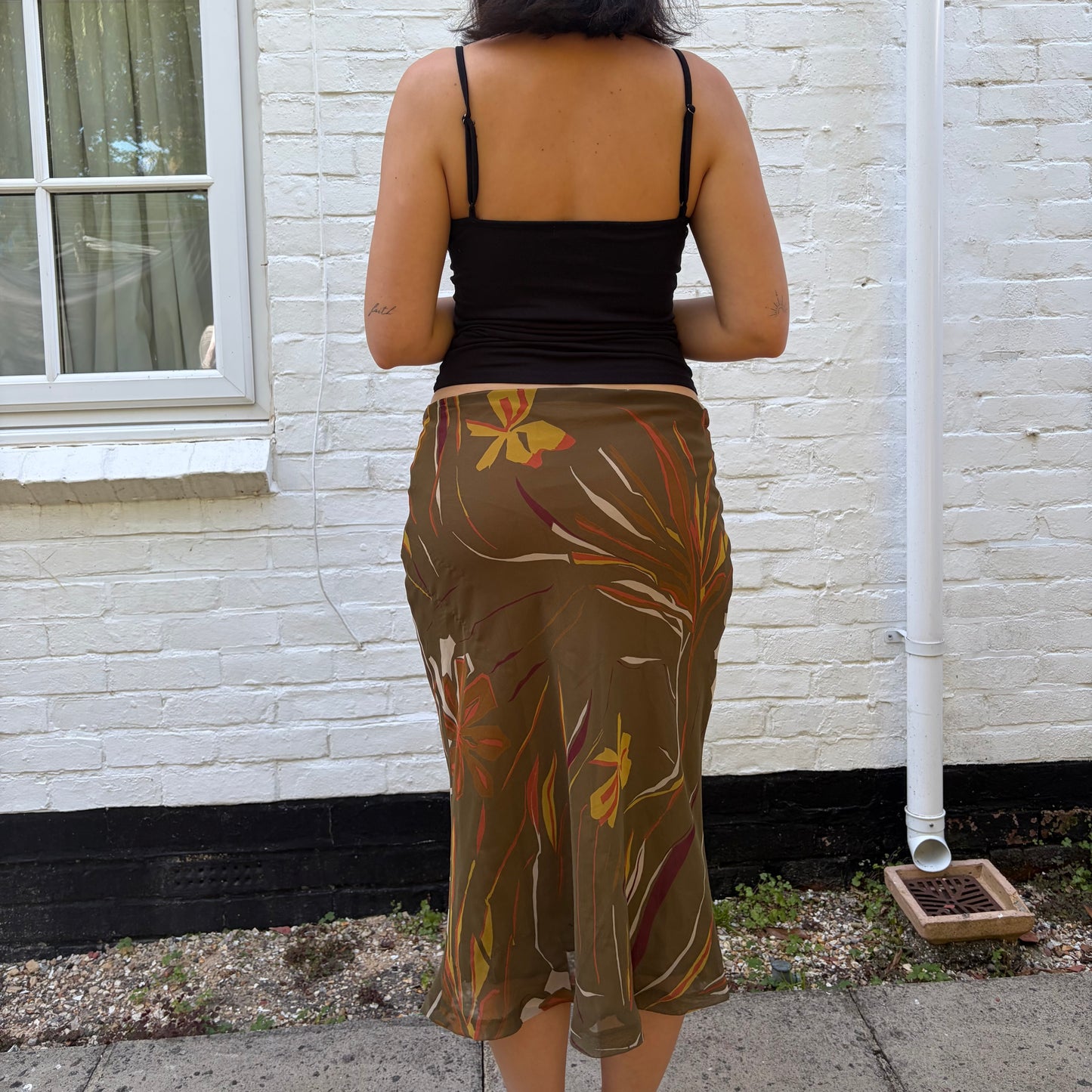 Italian Vintage Olive Green Abstract Midi Skirt