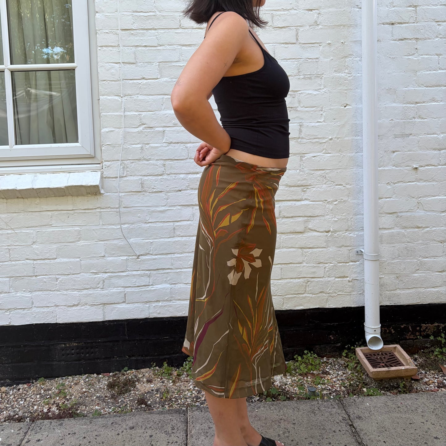 Italian Vintage Olive Green Abstract Midi Skirt