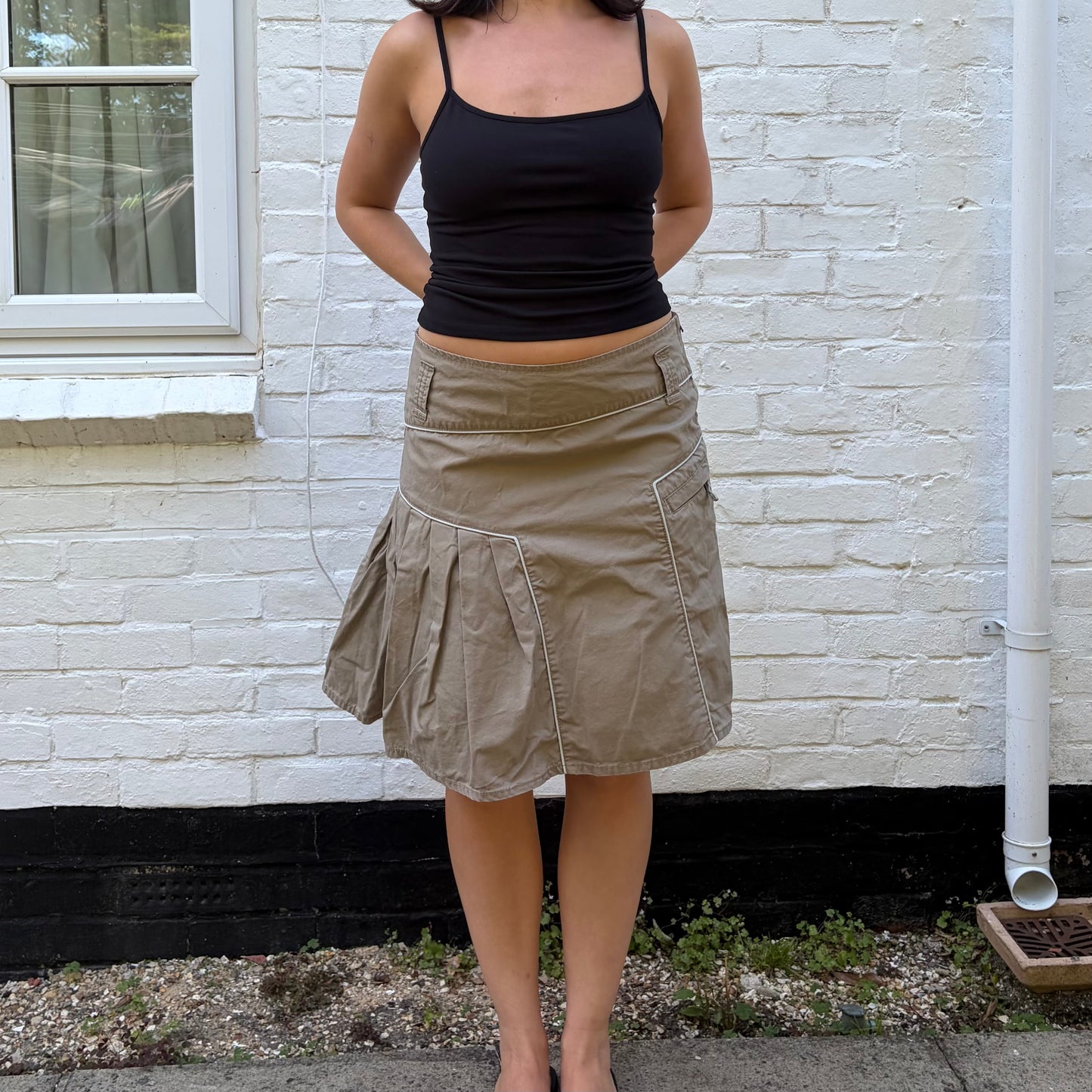 Y2K Khaki Utility Pleated Midi Skirt