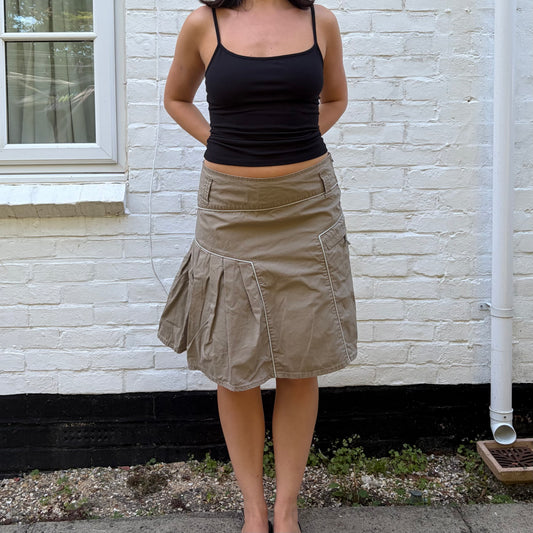 Y2K Khaki Utility Pleated Midi Skirt