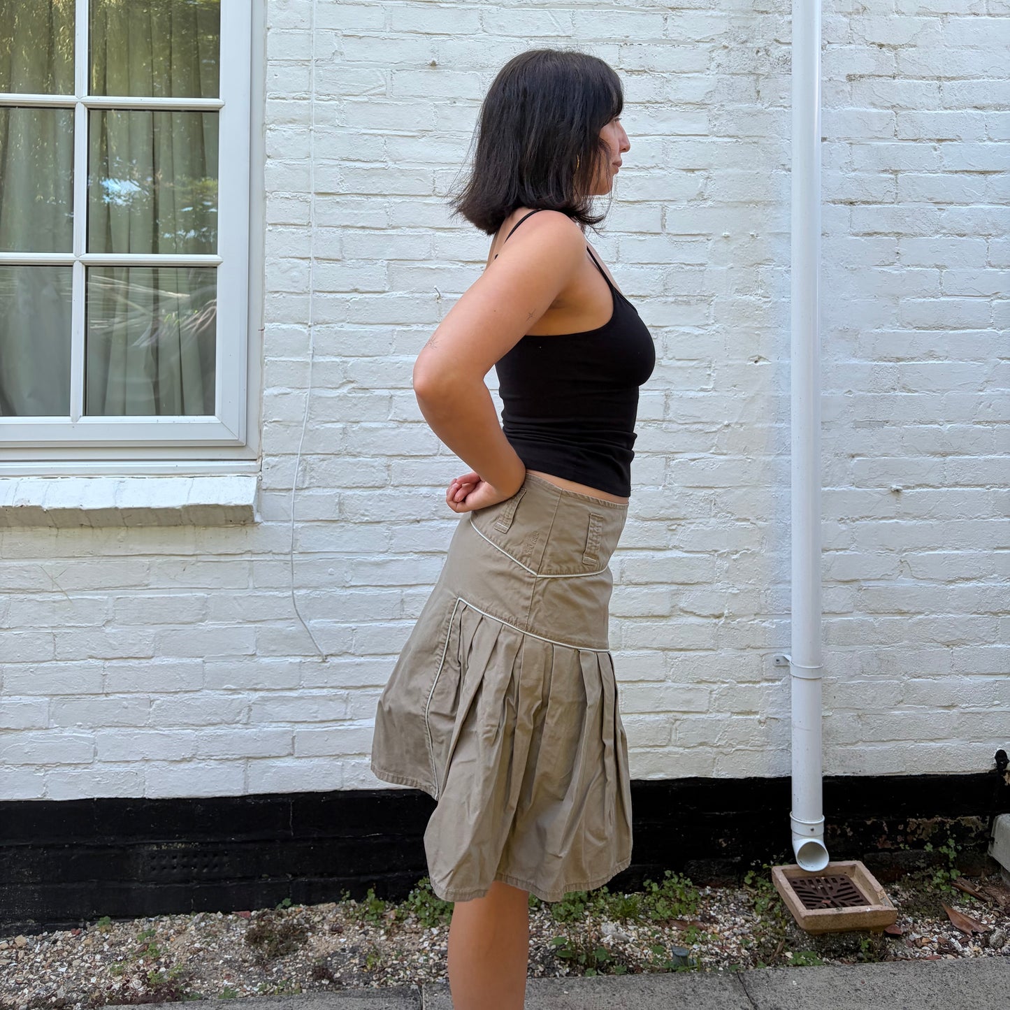 Y2K Khaki Utility Pleated Midi Skirt
