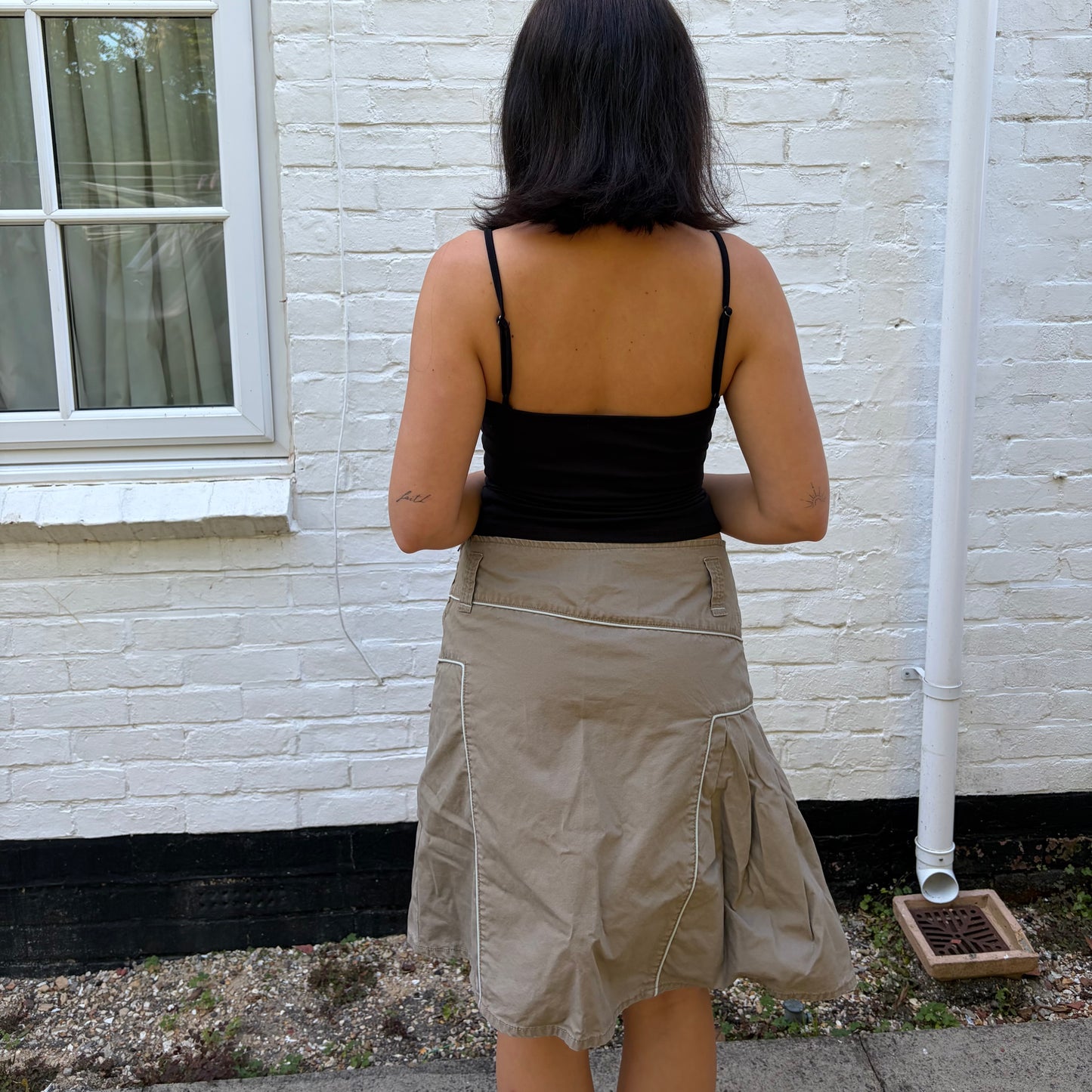Y2K Khaki Utility Pleated Midi Skirt