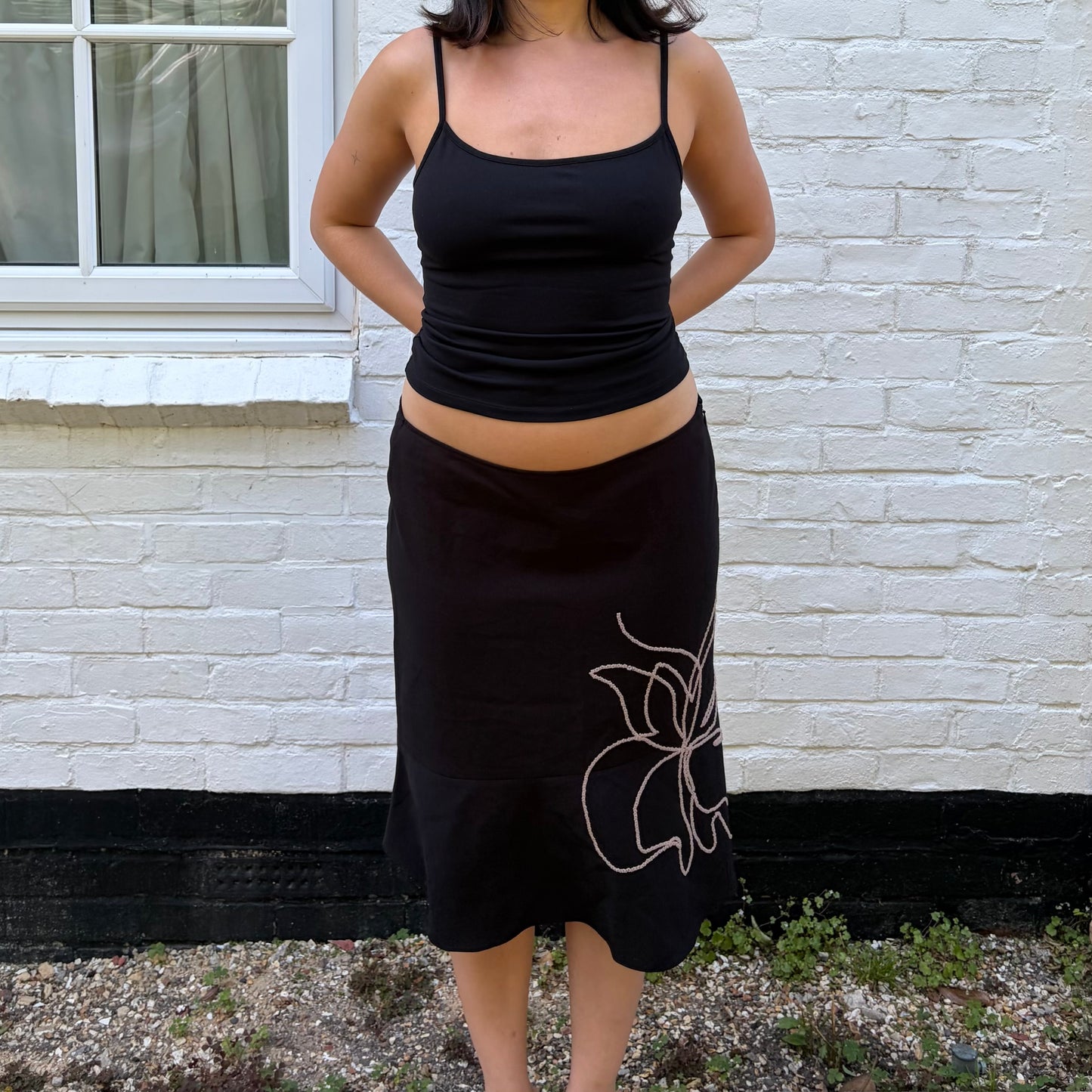 Y2K Black Floral Embroidered Midi Skirt