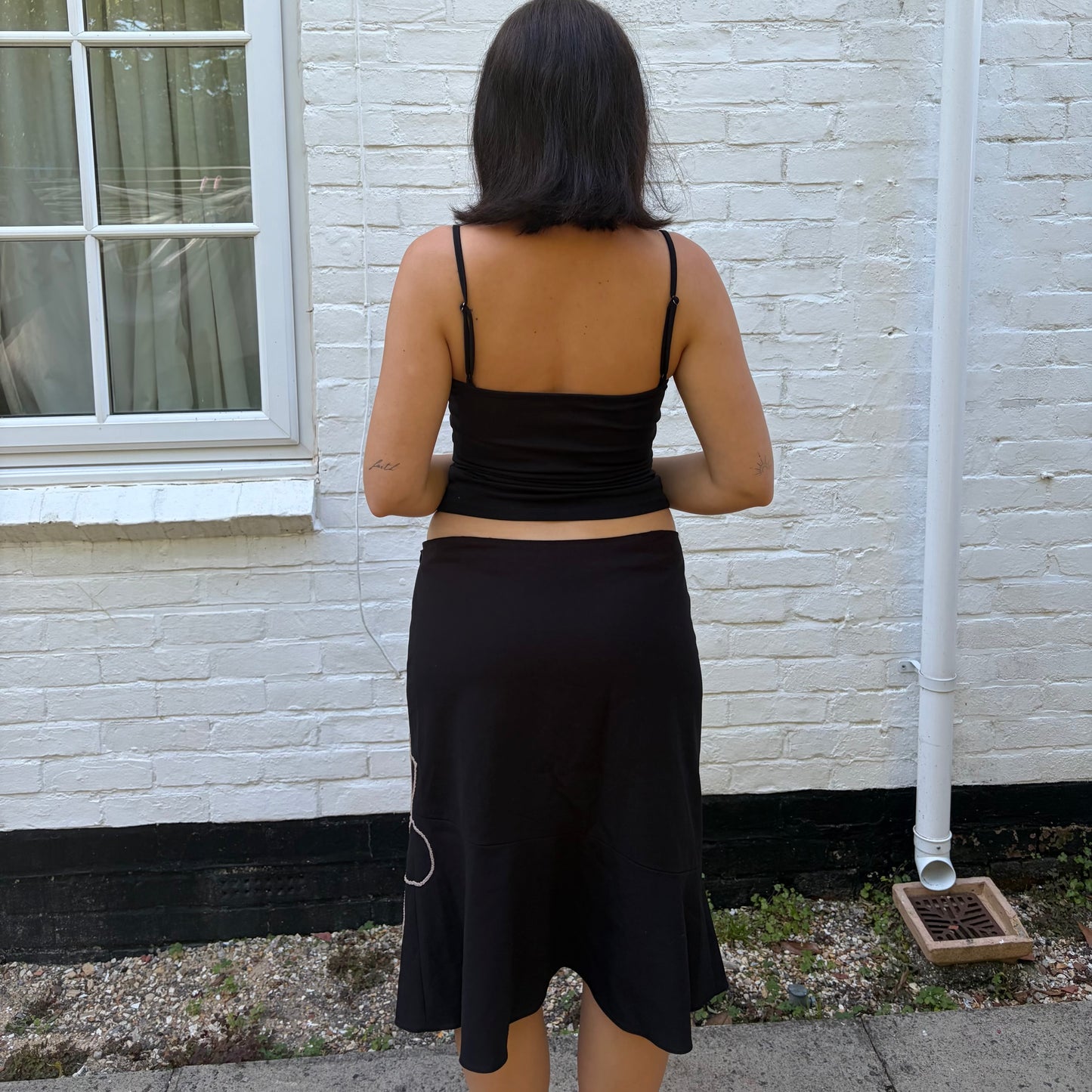 Y2K Black Floral Embroidered Midi Skirt