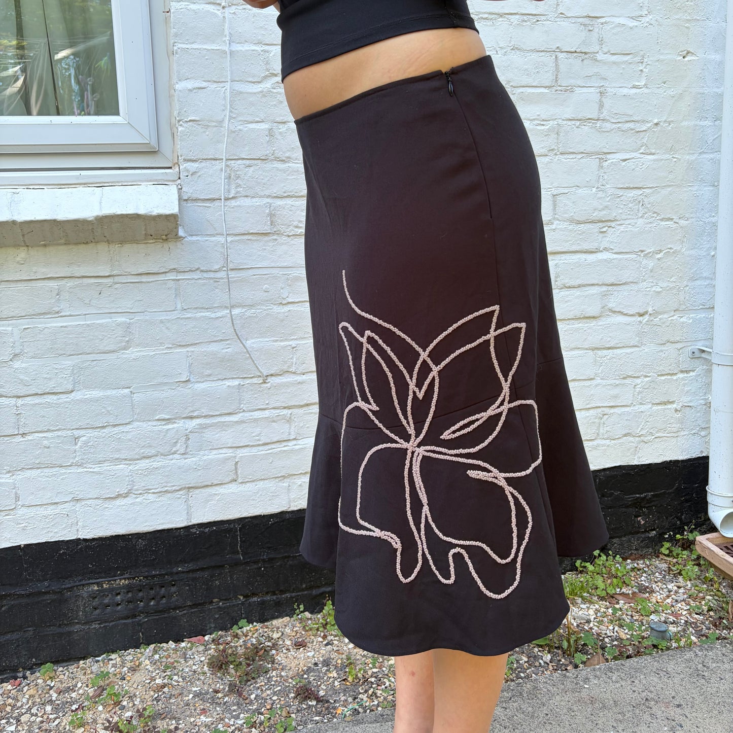 Y2K Black Floral Embroidered Midi Skirt