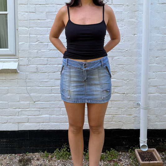 Y2K Light Wash Denim Cargo Mini Skirt With Zip Pocket Detail