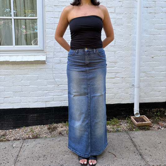 Italian Y2K Light Wash Denim Maxi Skirt Low Rise