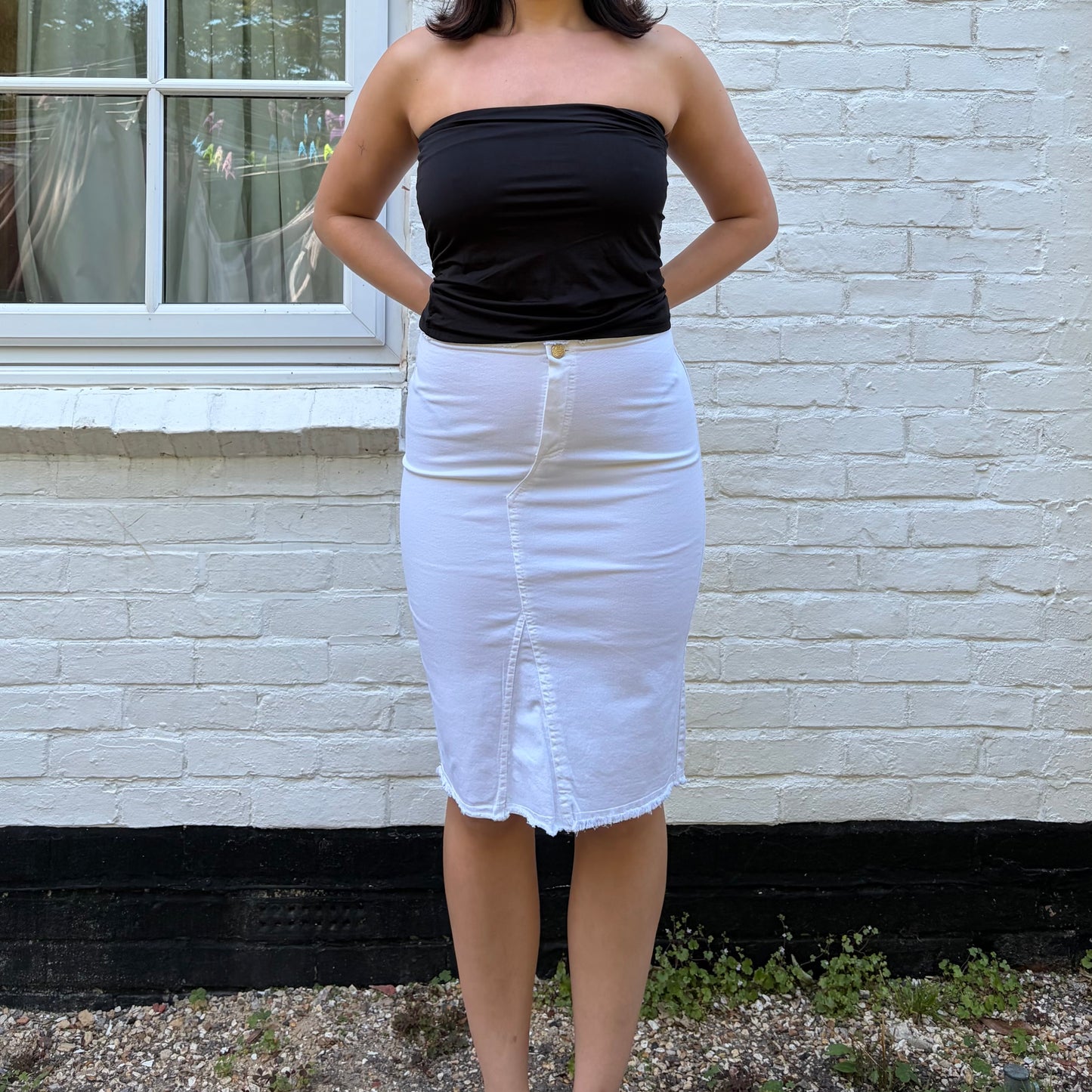 Italian Vintage White Denim Midi Skirt Raw Hem