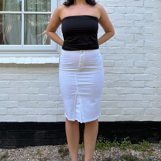 Italian Vintage White Denim Midi Skirt Raw Hem