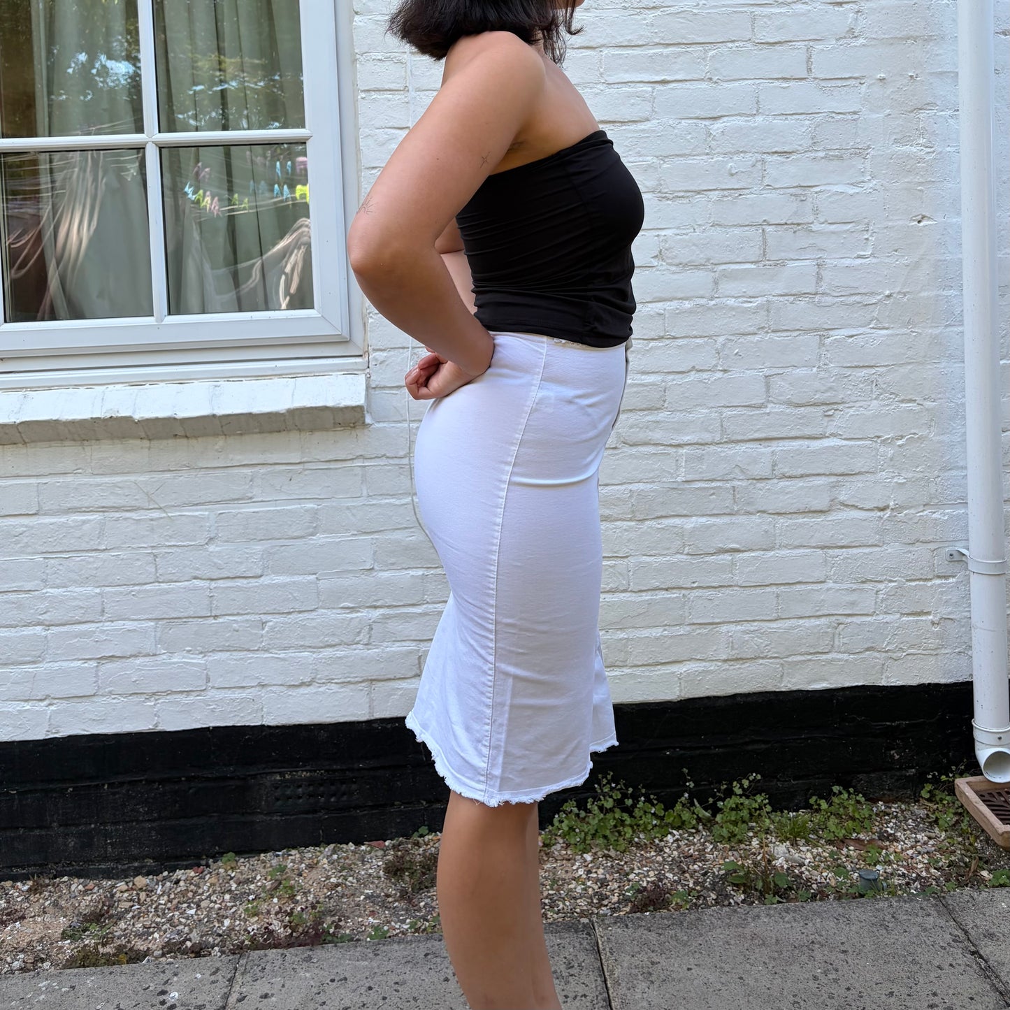 Italian Vintage White Denim Midi Skirt Raw Hem