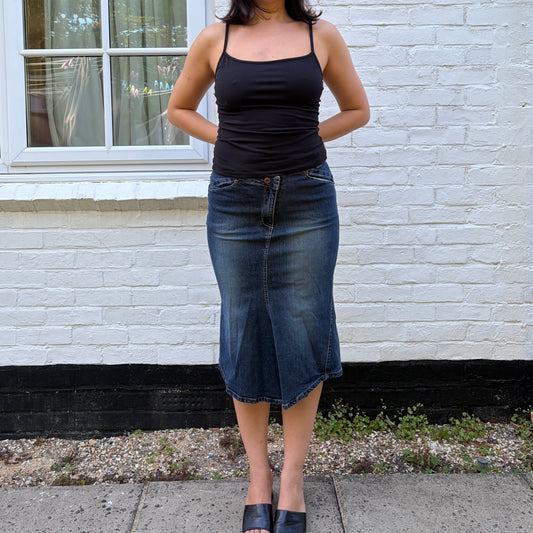 2000s Dark Wash Denim Midi Skirt | Y2K Fishtail Denim Skirt
