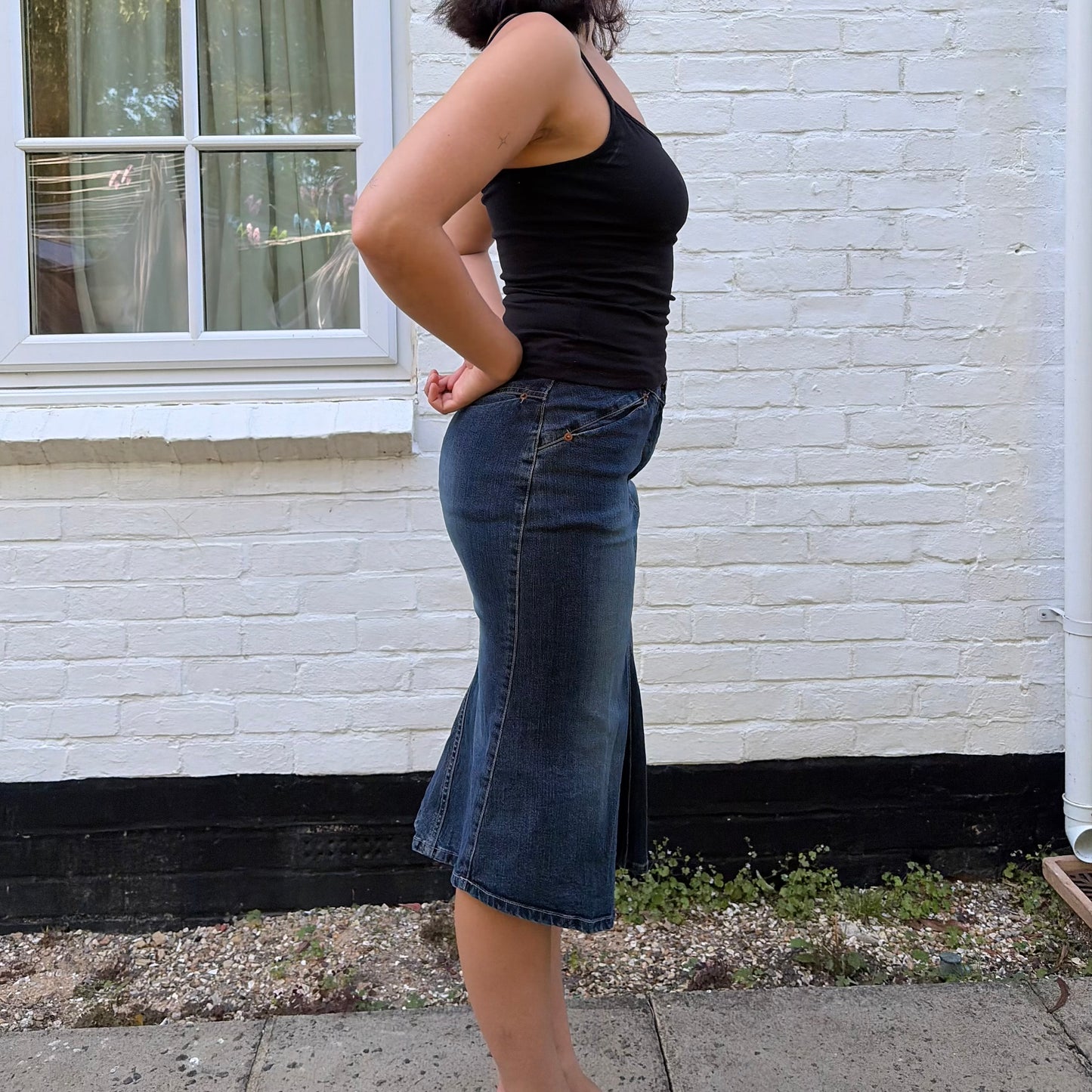 2000s Dark Wash Denim Midi Skirt | Y2K Fishtail Denim Skirt