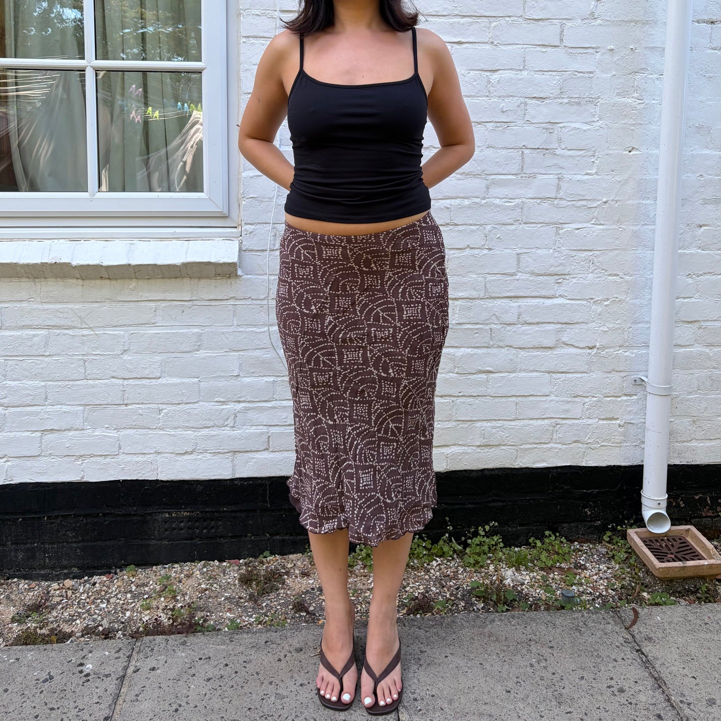2000s Brown Geometric Print Midi Skirt | Y2K Skirt