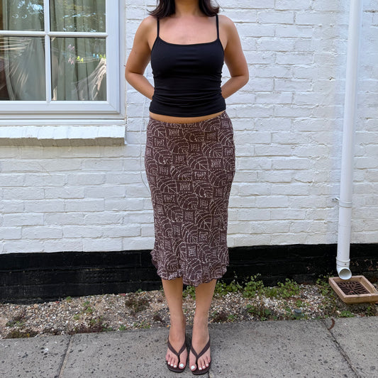 2000s Brown Geometric Print Midi Skirt | Y2K Skirt