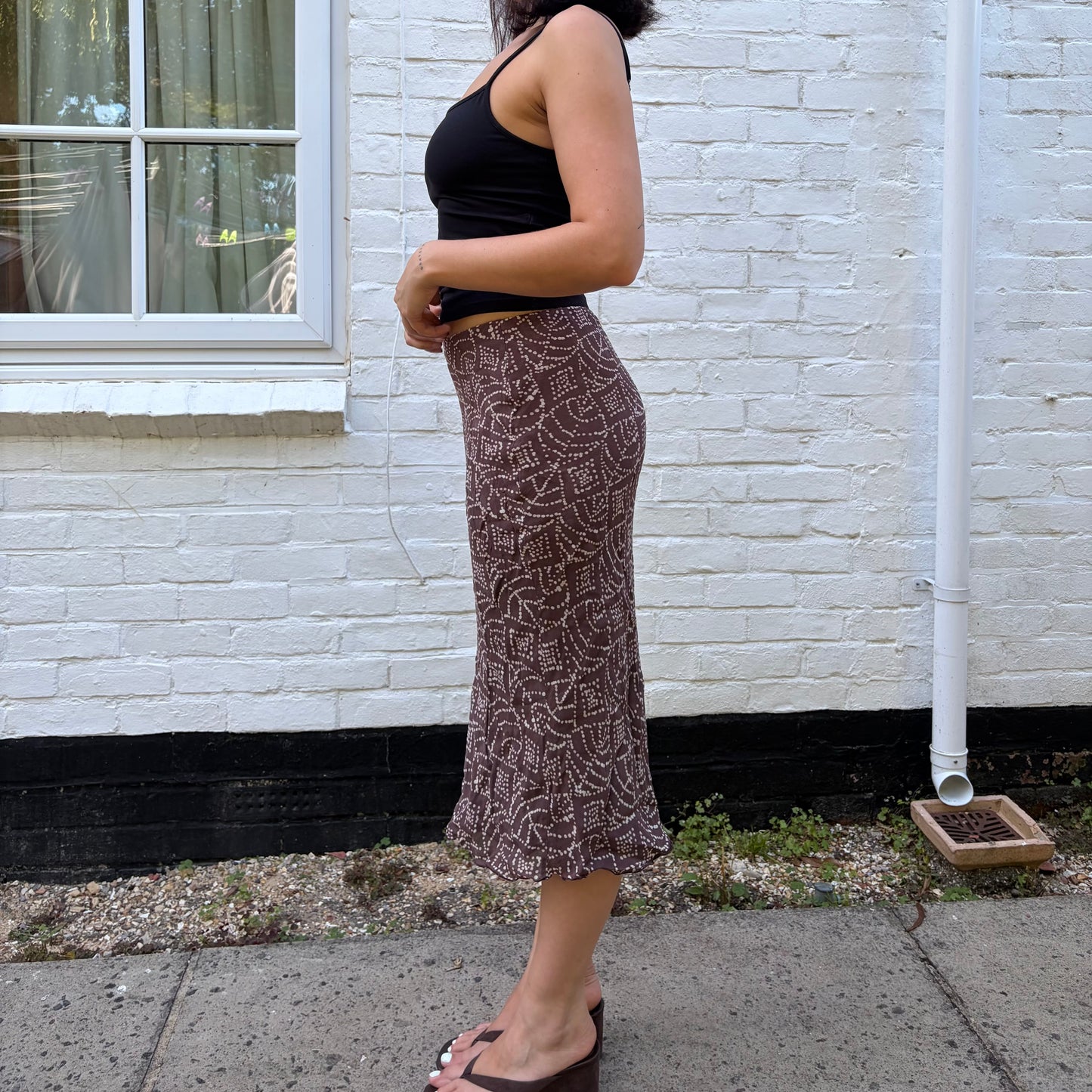 2000s Brown Geometric Print Midi Skirt | Y2K Skirt