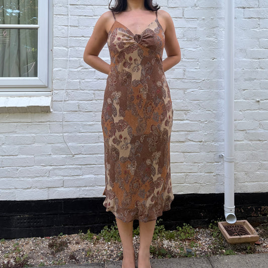Vintage Brown Paisley Slip Midi Dress 90s Boho