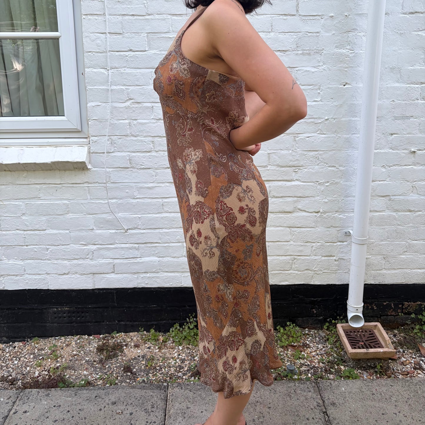 Vintage Brown Paisley Slip Midi Dress 90s Boho