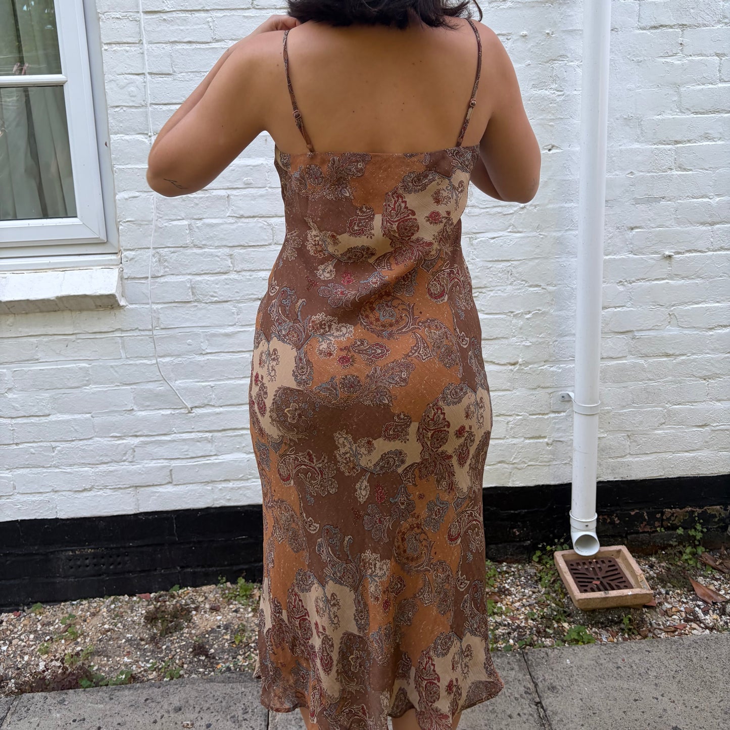 Vintage Brown Paisley Slip Midi Dress 90s Boho