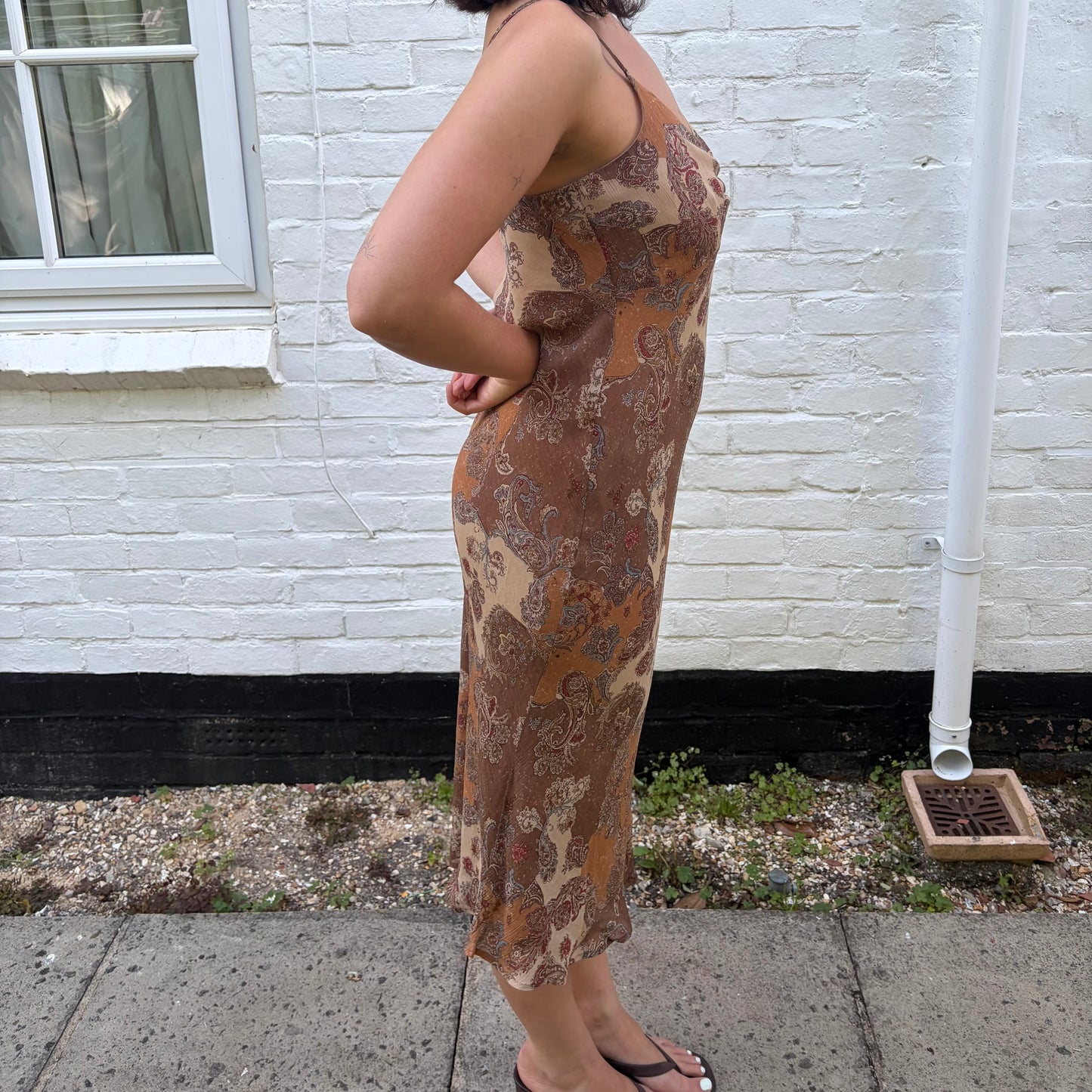 Vintage Brown Paisley Slip Midi Dress 90s Boho
