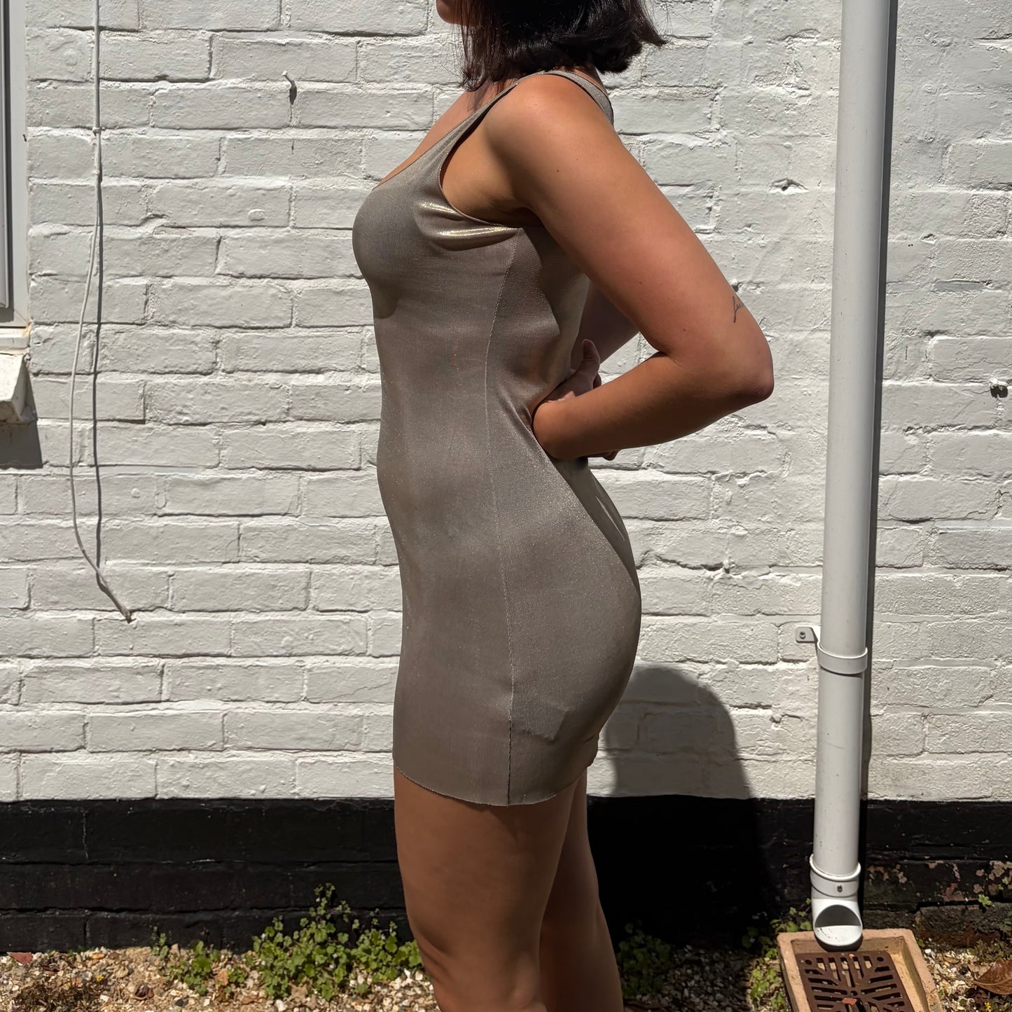 Y2K-Inspired Metallic Gold Shimmer Mini Dress