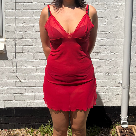 Red Mesh Y2K-Inspired Trim Mini Dress