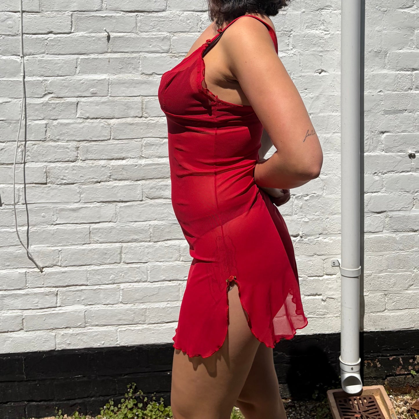 Red Mesh Y2K-Inspired Trim Mini Dress