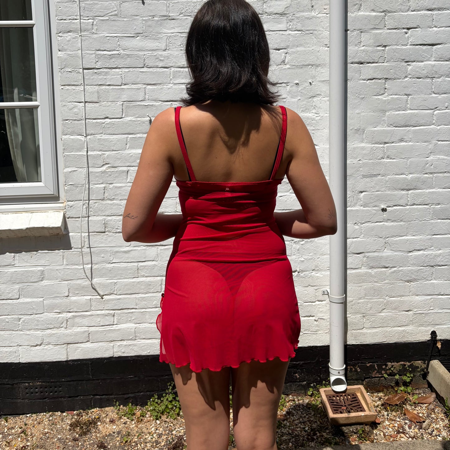 Red Mesh Y2K-Inspired Trim Mini Dress