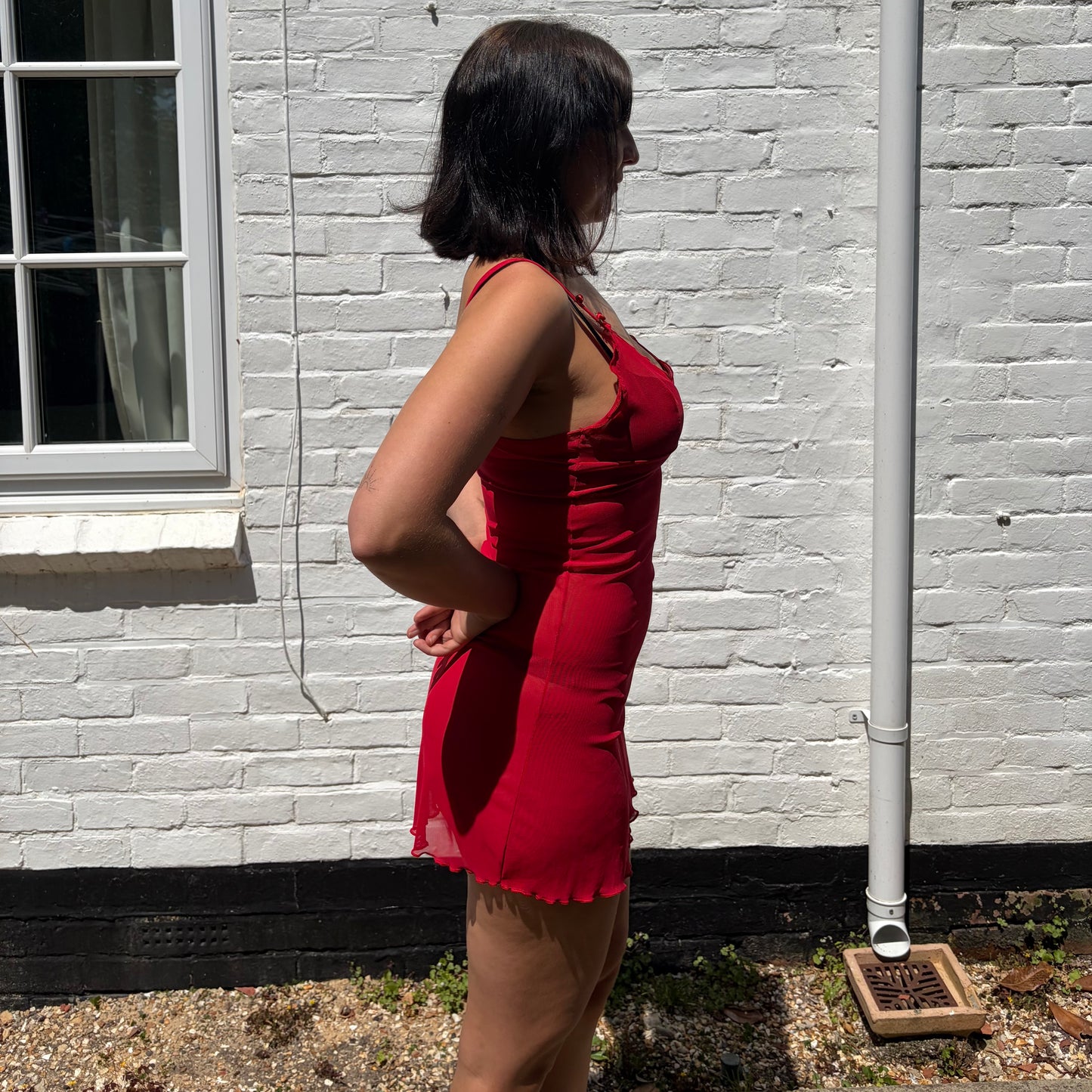 Red Mesh Y2K-Inspired Trim Mini Dress