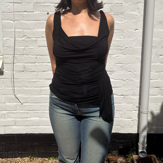 Vintage Coast Black Ruched Cowl Neck Y2K Top