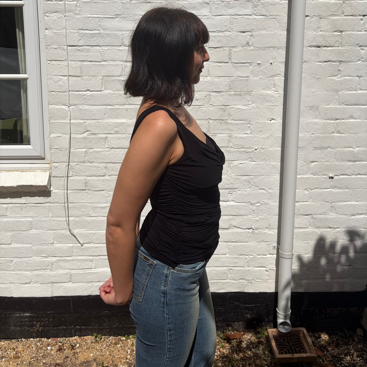 Vintage Coast Black Ruched Cowl Neck Y2K Top