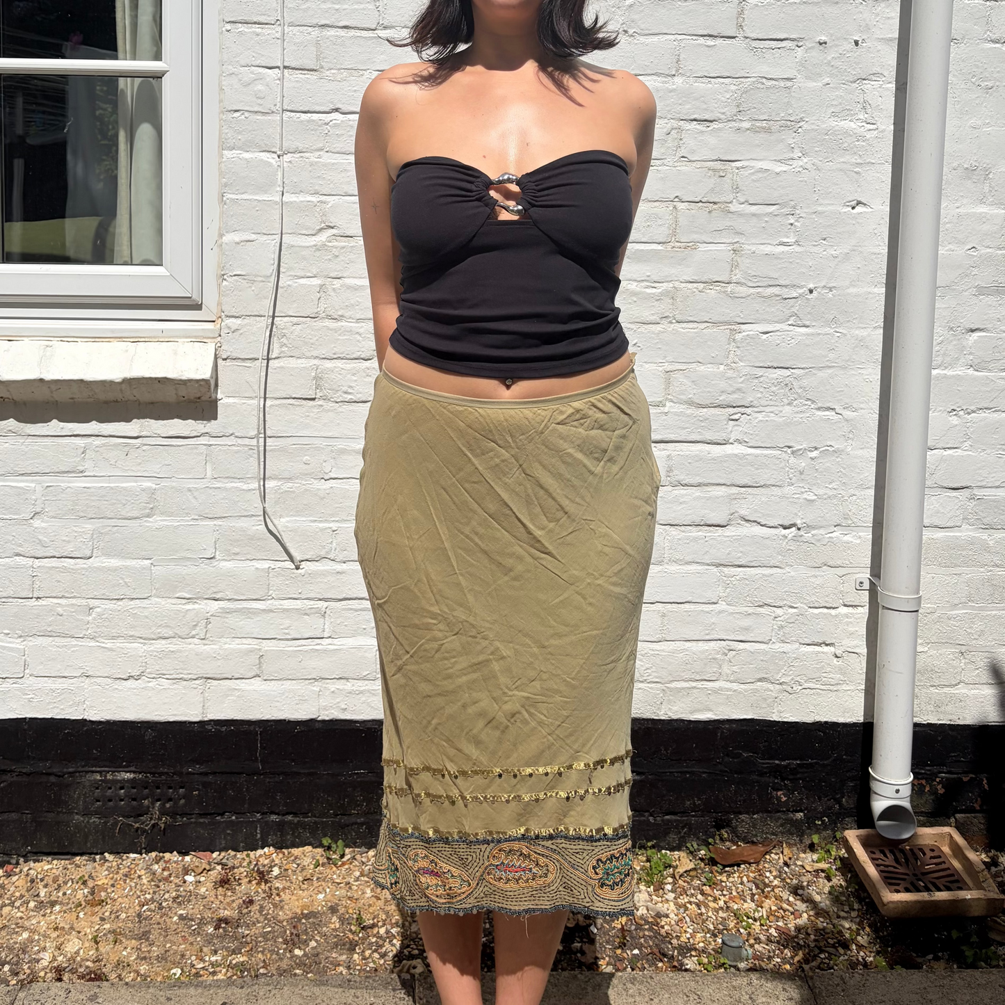 Vintage Olive Embroidered Sequin Y2K Midi Skirt