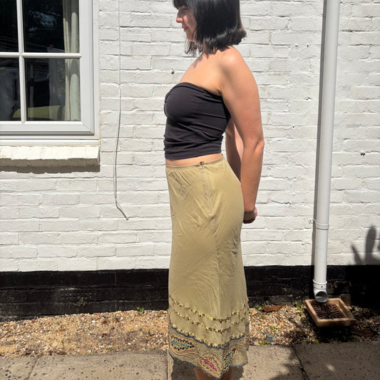 Vintage Olive Embroidered Sequin Y2K Midi Skirt