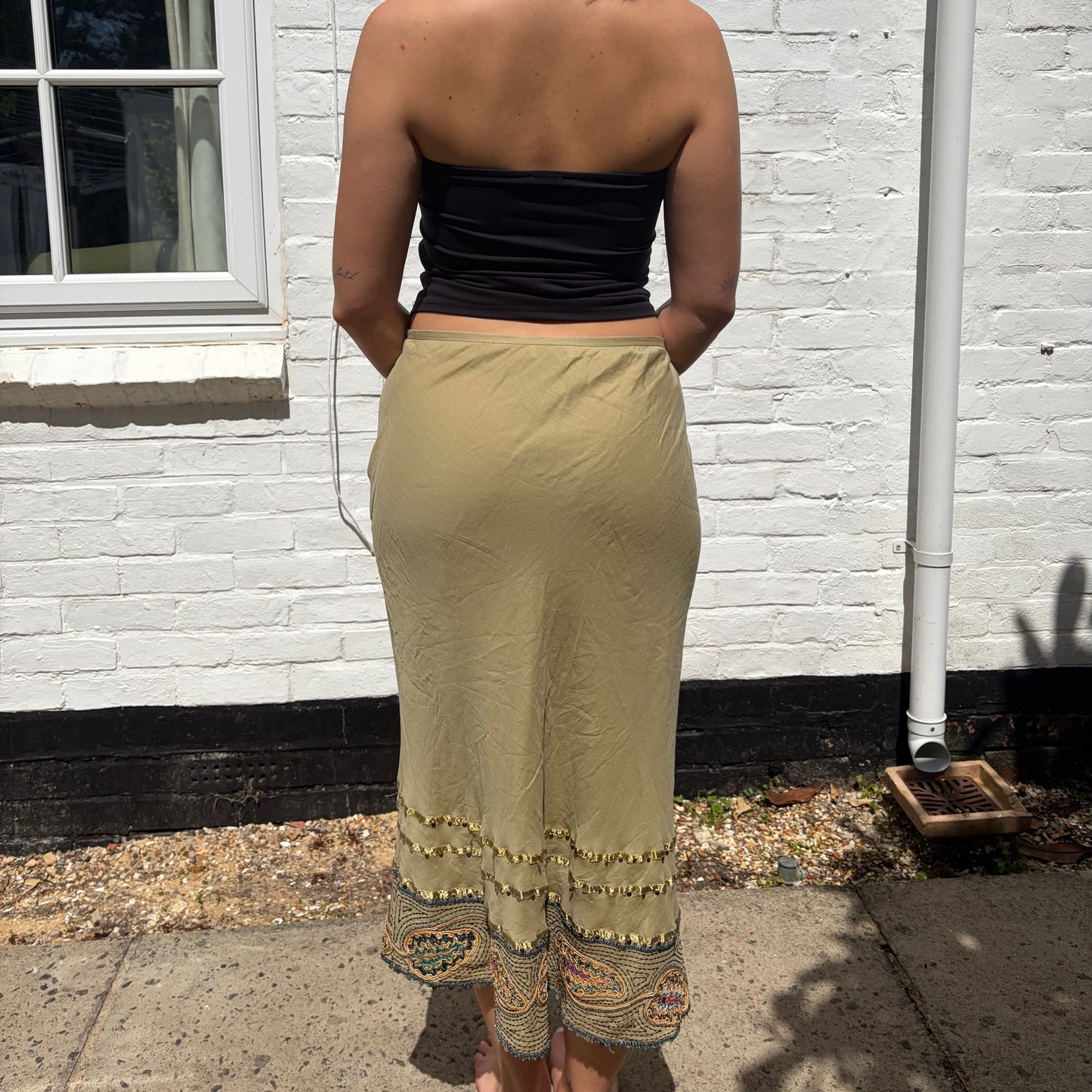 Vintage Olive Embroidered Sequin Y2K Midi Skirt